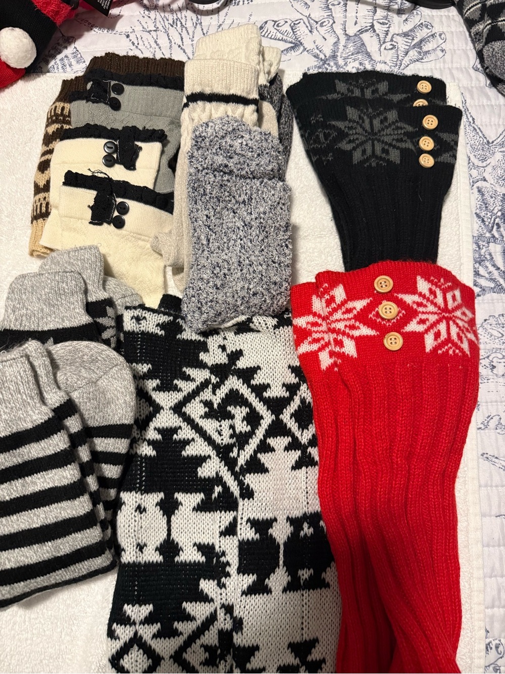 Knit Winter Leg Warmers with Nordic Pattern - Red & Black